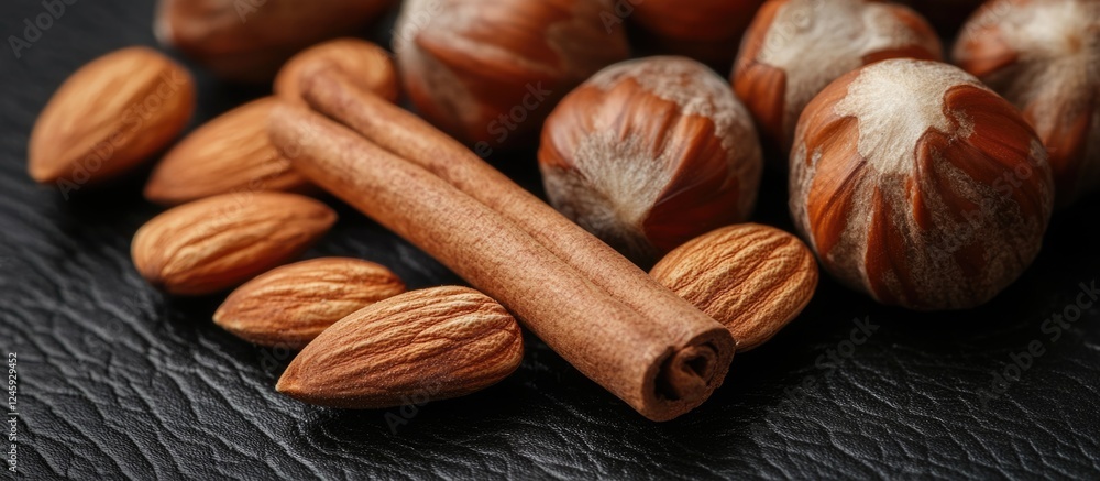 Poster raw hazelnuts and almonds with cinnamon stick on black leather texture macro photography showcasing 