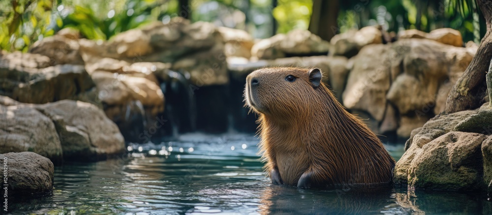 Aufkleber capybara in tropical setting by water surrounded by rocks with copy space for text