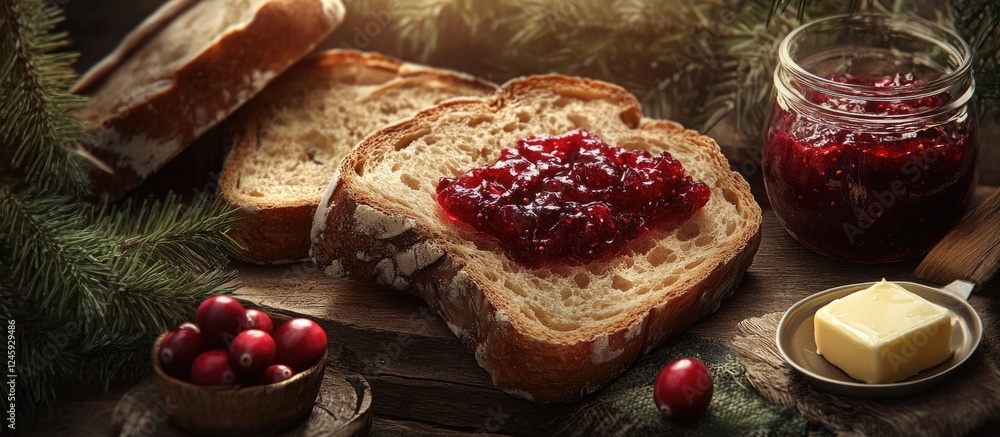 Poster Delicious toast topped with butter and cranberry jam served on a rustic table setting perfect for a cozy breakfast or brunch ambiance