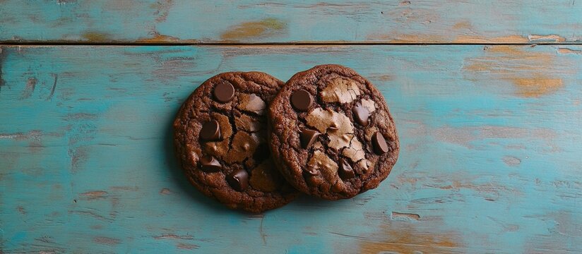 Chocolate cookies with chunks on a rustic blue wooden table invitingly arranged as two pieces for a delicious dessert display.