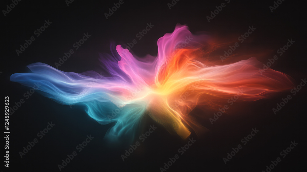 Poster a dynamic collision of glowing color lines converging at a brilliant nexus, forming a futuristic