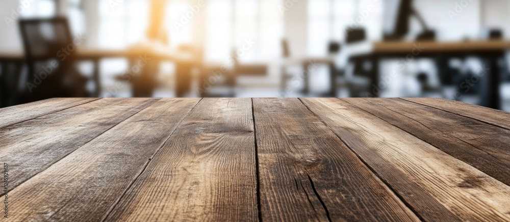 Poster business workspace with empty wooden table in foreground and blurred office background ideal for tex