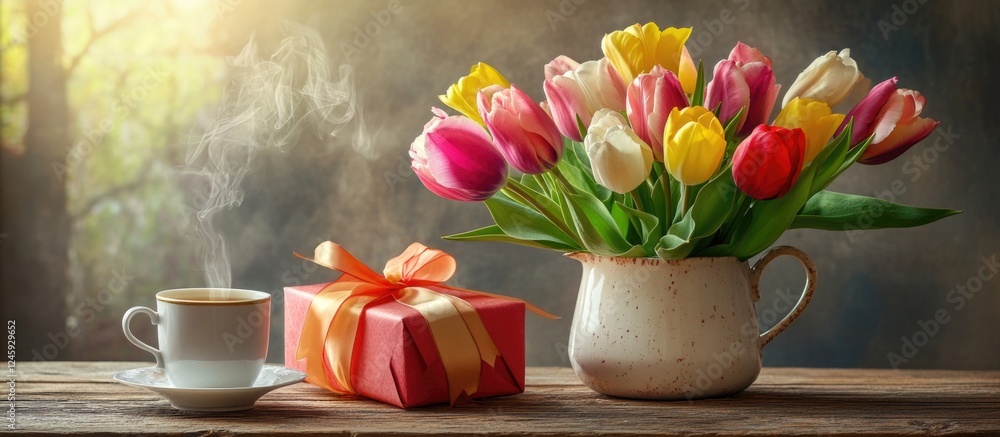Aufkleber spring tulips in a vase alongside a gift box and steaming cup of tea set on a rustic wooden table in