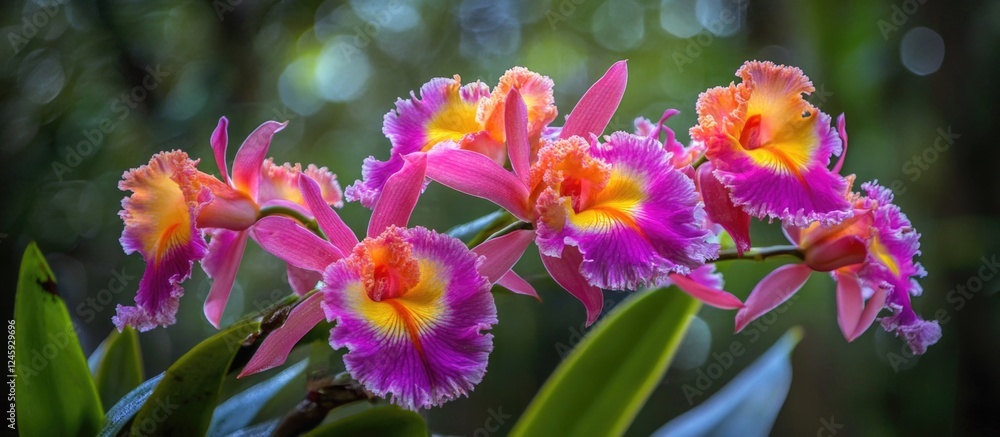 Poster vibrant tropical orchids displaying colorful petals in natural setting
