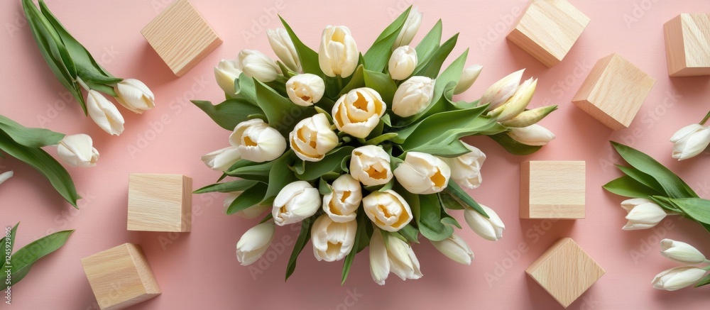 Poster elegant bouquet of white and yellow tulips on a soft pink background surrounded by wooden cubes in a