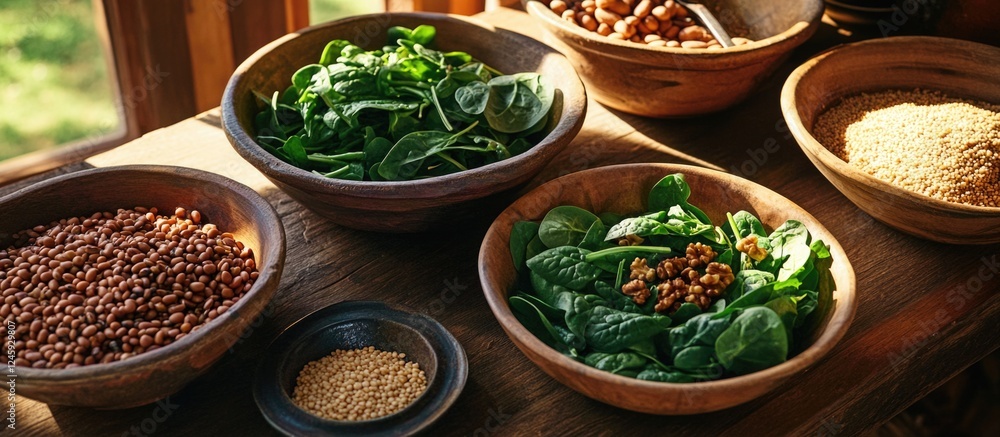 Poster bowl arrangement with fresh spinach walnuts pinto beans and spelt placed on a rustic wooden table sh