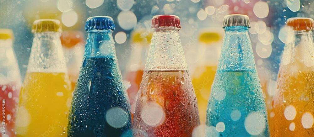 Poster Colorful soft drink bottles with condensation and bubbles, creating a refreshing and vibrant beverage display background.