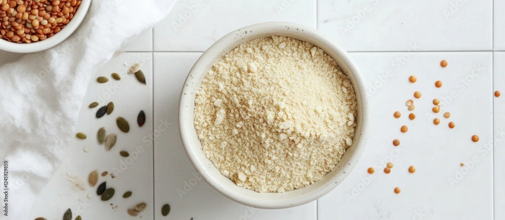 Aufkleber bowl of lentil flour surrounded by seeds on a white tiled table arranged in a flat lay composition.