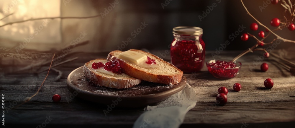 Poster freshly toasted bread topped with butter and cranberry jam on rustic wooden table ideal for breakfas