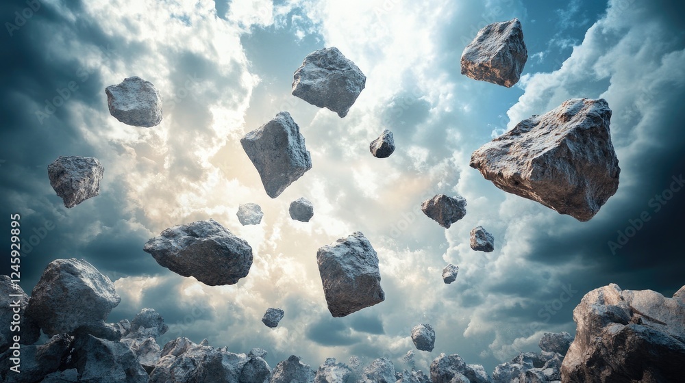 Poster floating rocks suspended in mid-air under a dramatic, stormy sky, creating a surreal and magical atm