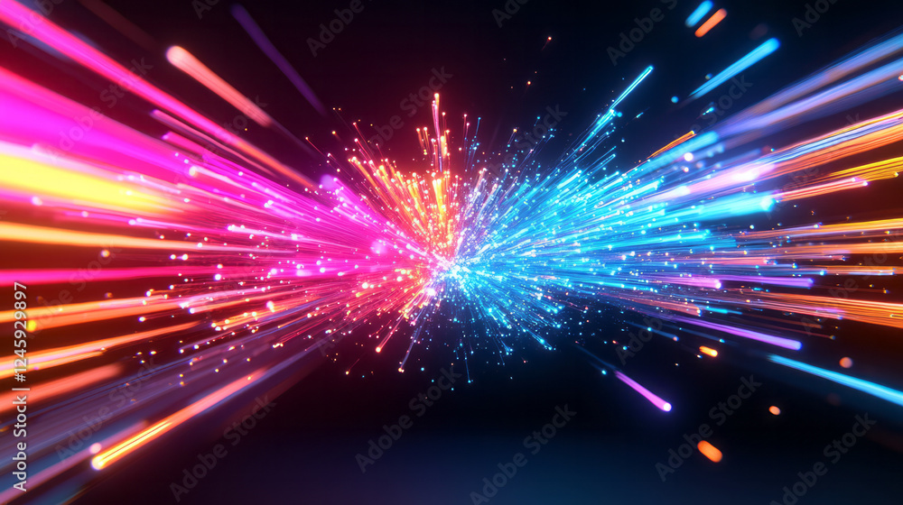 Poster a dynamic collision of glowing color lines converging at a brilliant nexus, forming a futuristic