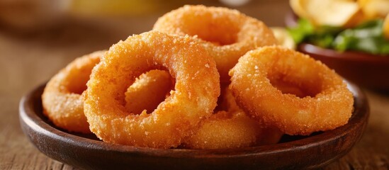 Crispy Cheese Rings Served on a Wooden Plate with Fresh Potato Chips and a Side of Green Salad