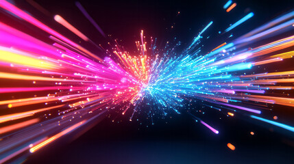Naklejka premium A dynamic collision of glowing color lines converging at a brilliant nexus, forming a futuristic