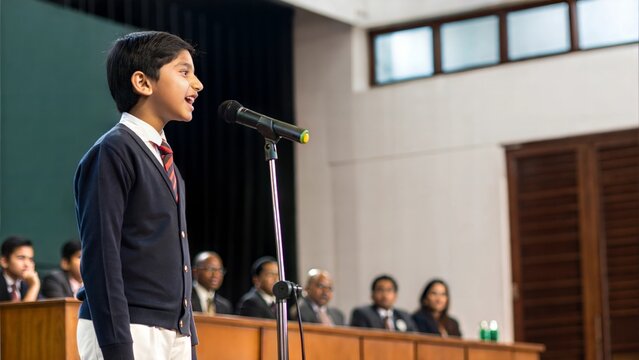 Indian Student in Debate Championship – A student confidently speaking on stage in an inter-school debate.
