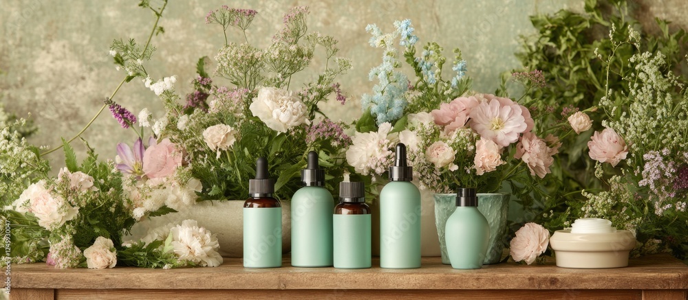 Poster spa setting with cream and oil bottles surrounded by aromatic flower bouquets on a rustic wooden tab