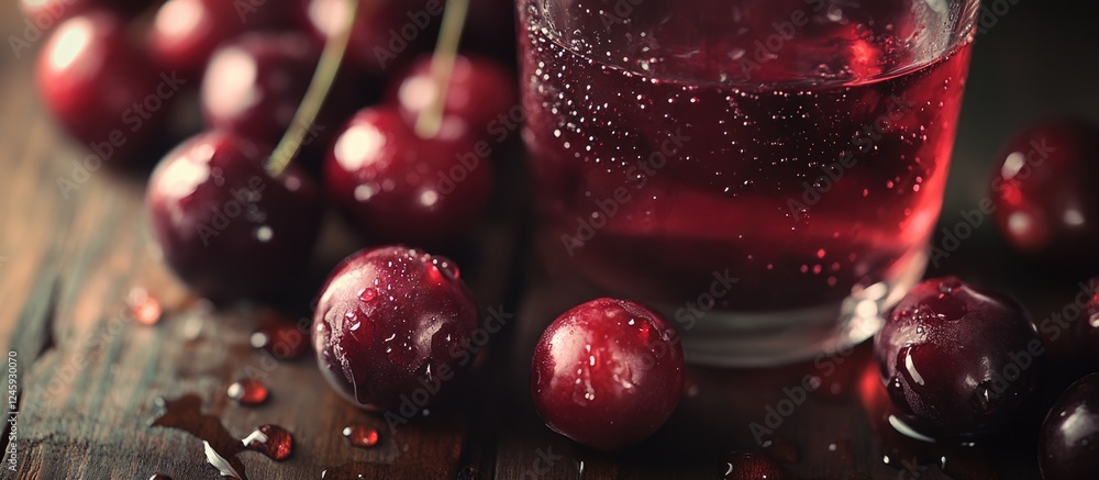 Poster refreshing cherry juice in a glass surrounded by fresh cherries on wooden table with water droplets 