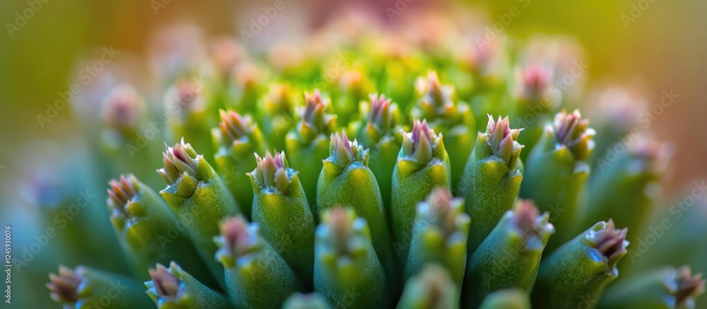 Poster detailed macro shot of a green cactus displaying sharp spikes and vibrant textures against a softly 