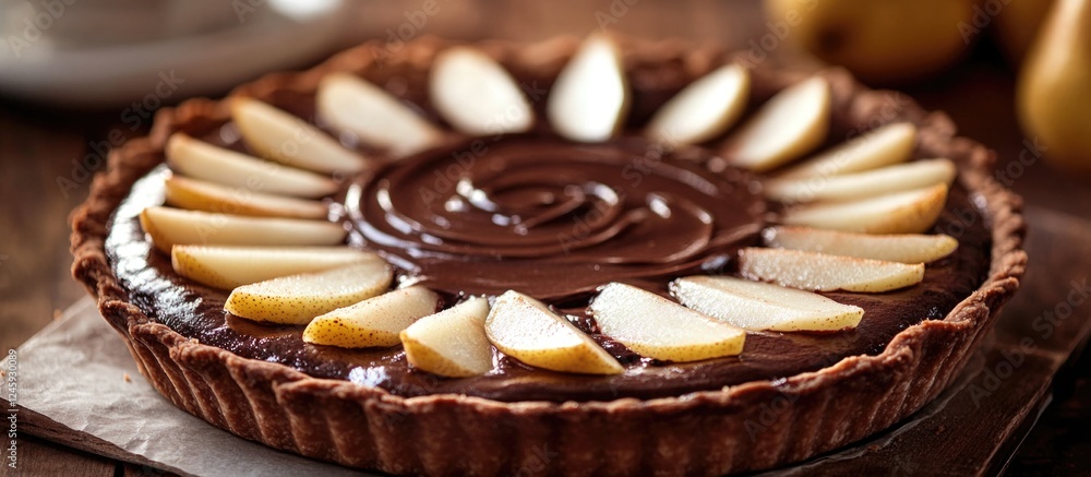 Poster decadent chocolate pie topped with fresh pear slices arranged in a beautiful pattern on a rustic woo