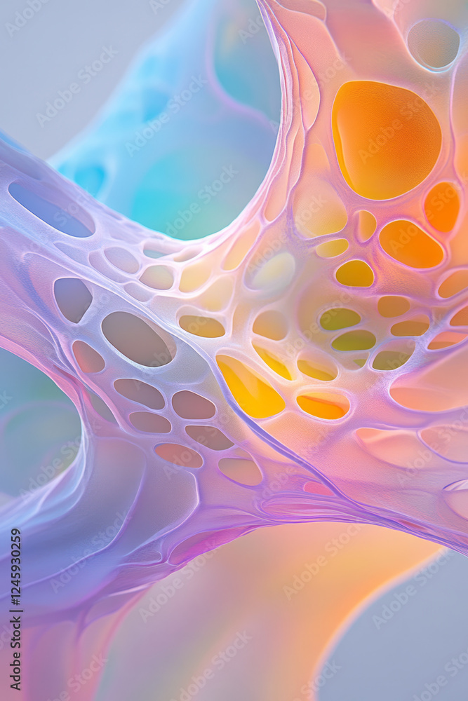 Poster a mesmerizing view of a biomechanical form with gentle holes and translucent edges, bathed in