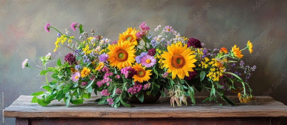 Poster vibrant bouquet of sunflowers and wildflowers arranged on a rustic wooden table with ample copy spac