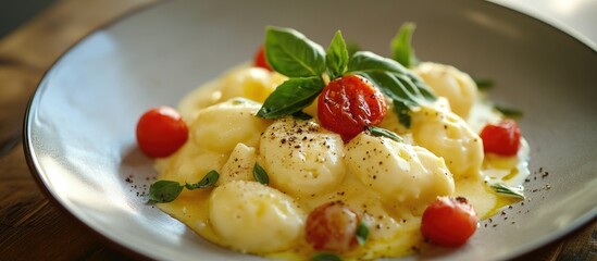 Creamy Chiocciole Pasta Dish with Cherry Tomatoes and Fresh Basil in a Rustic Bowl