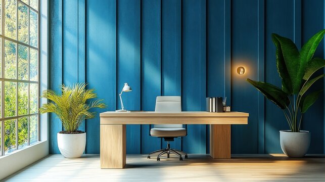 Minimalist Blue Wall Office Interior Design with Wooden Desk and Ergonomic Chair