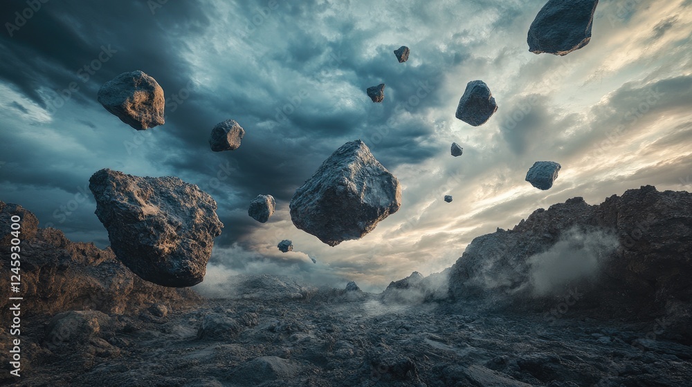 Poster floating rocks suspended in mid-air under a dramatic, stormy sky, creating a surreal and magical atm