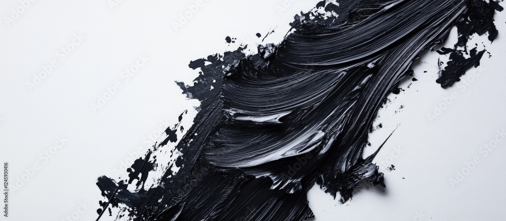 Poster Black oil paint brushstrokes on a white canvas creating abstract artistic texture in a top view composition for creative design projects
