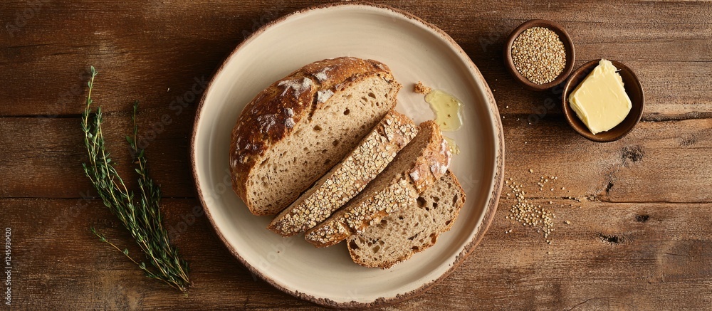 Poster buckwheat bread slices on a white plate with butter and seeds on a rustic wooden background top view
