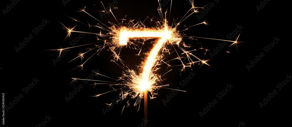 Poster sparkler illuminating the number seven in bright sparks against a dark background for festive and ce