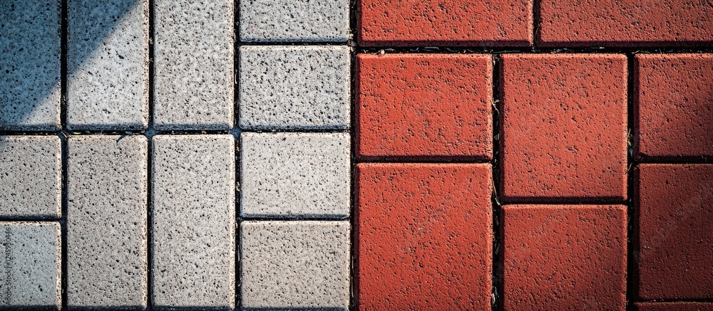 Poster close up of textured concrete sidewalk with gray and red brick tiles showcasing detailed patterns an