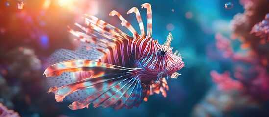 Vibrant close-up of a lionfish showcasing its striking colors and intricate fin details in a stunning underwater environment.