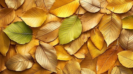 Fototapeta premium A vibrant collection of autumn leaves in various shades of yellow and green, creating a textured background