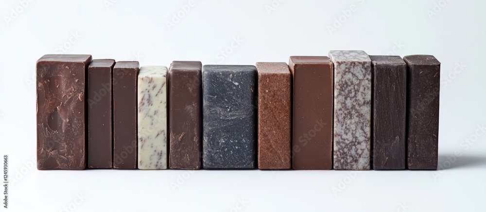 Poster assorted chocolate blocks stacked in a row showcasing different textures and colors on a white backg