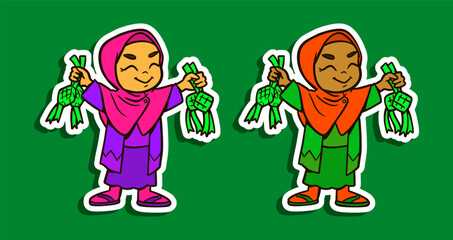 Sticker Illustration of a Muslim Girl Cartoon Character