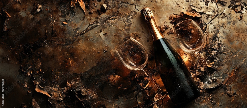 Poster elegant champagne bottle with two glasses on a rustic surface ideal for celebrations with space for 