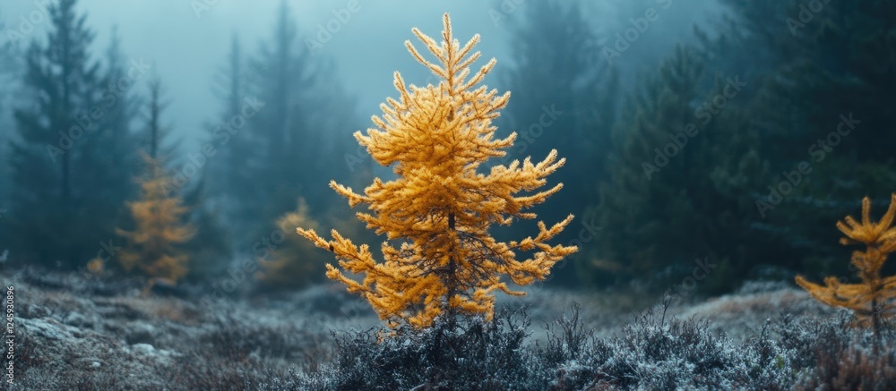 Aufkleber close up of a vibrant yellow treetop in a misty forest with ample space for text or copy placement i