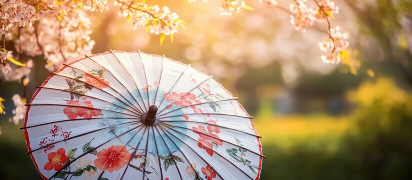 Elegant Chinese traditional paper umbrella adorned with floral patterns surrounded by blooming nature in soft sunlight. - Powered by Adobe
