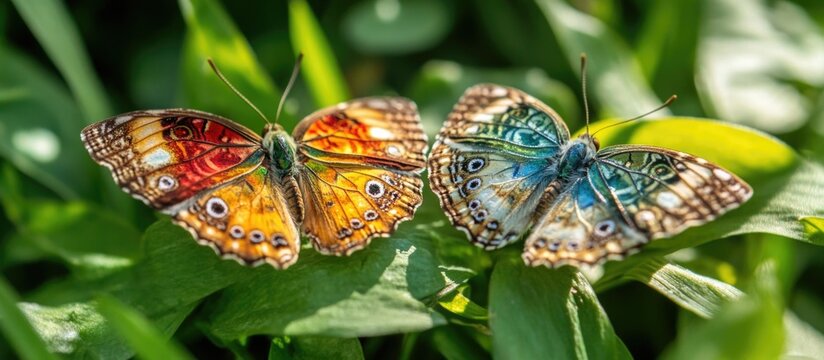 Colorful Butterflies Mating Amidst Green Grass Natural Habitat Insects Pairing in Nature