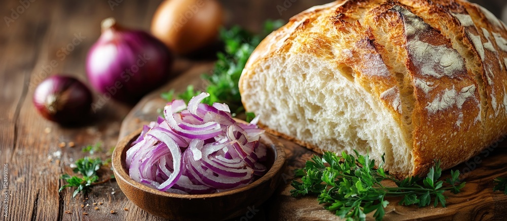 Poster freshly baked bread with sliced red onions on a rustic wooden table garnished with green herbs for a