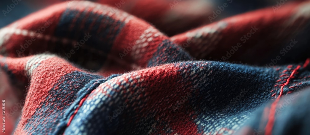 Aufkleber close up of textured plaid fabric in red and blue tones showcasing intricate patterns and soft feel 