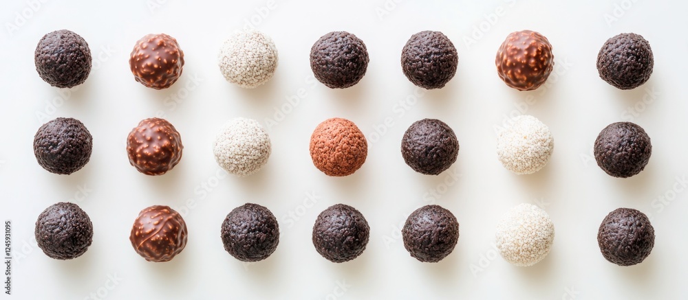 Poster assorted chocolate truffles arranged in a pattern against a white background showcasing their rich t