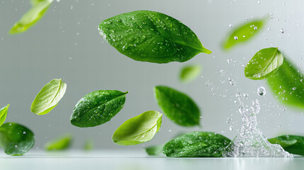 Vibrant Green Leaves Splashing Water White Background