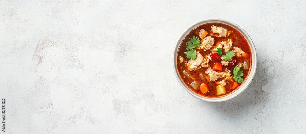 Poster bowl of spicy chicken soup with vegetables on a light background showcasing comfort food and invitin
