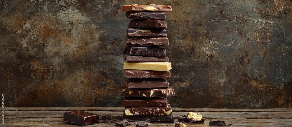 Poster assorted chocolate bars stacked on a rustic wooden surface with a rich textured backdrop ideal for d