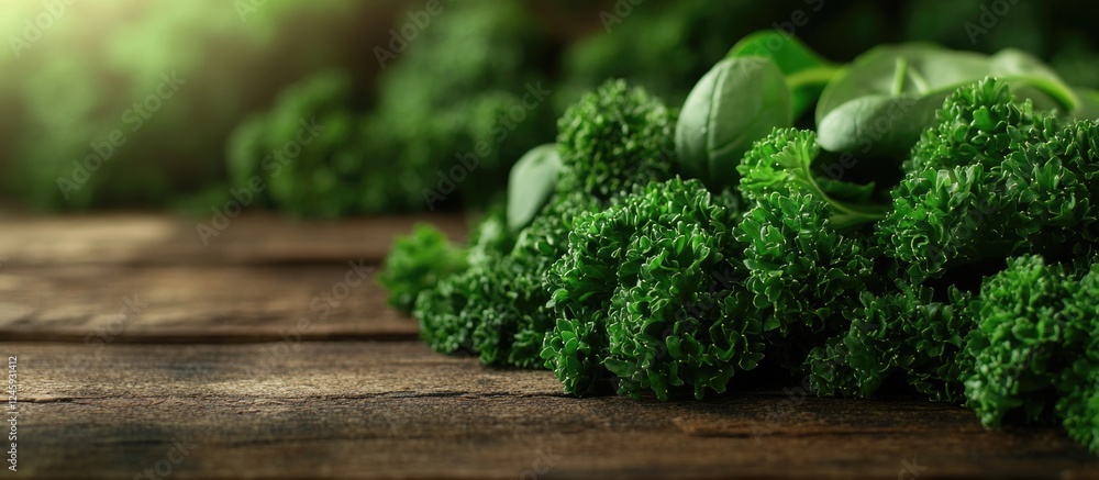 Poster fresh spinach and parsley leaves on rustic wooden table with ample space for text healthy eating and