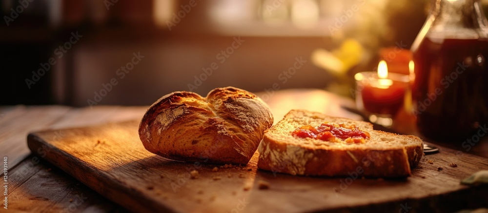 Poster heart shaped jam on bread on wooden cutting board with natural light creating a cozy breakfast scene