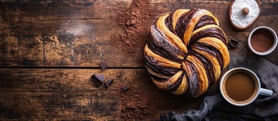 Chocolate Babka braided bread with rich chocolate layers served with coffee on rustic wooden table
