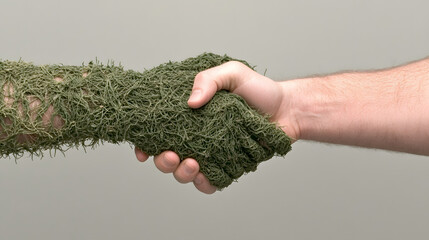 A symbolic handshake where one hand is covered in green vines, representing sustainable partnerships in business leadership