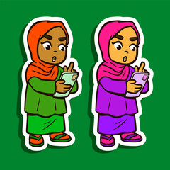 Sticker Illustration of a Muslim Girl Cartoon Character
